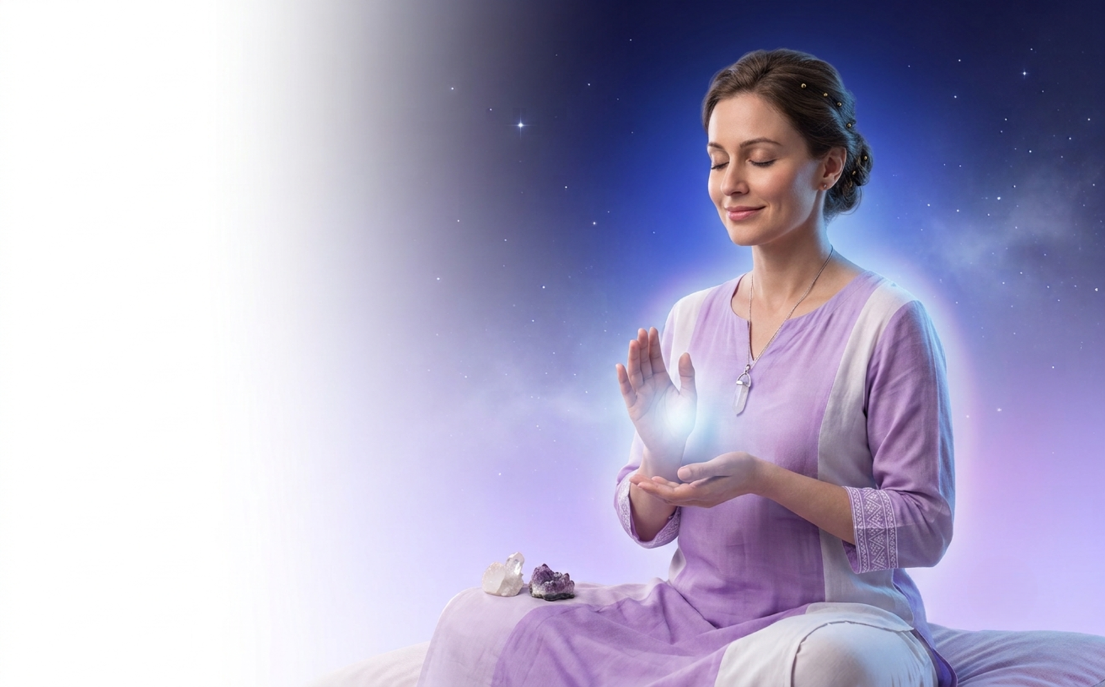 A healer in a lilac kurta holding glowing energy between her hands, crystals beside her