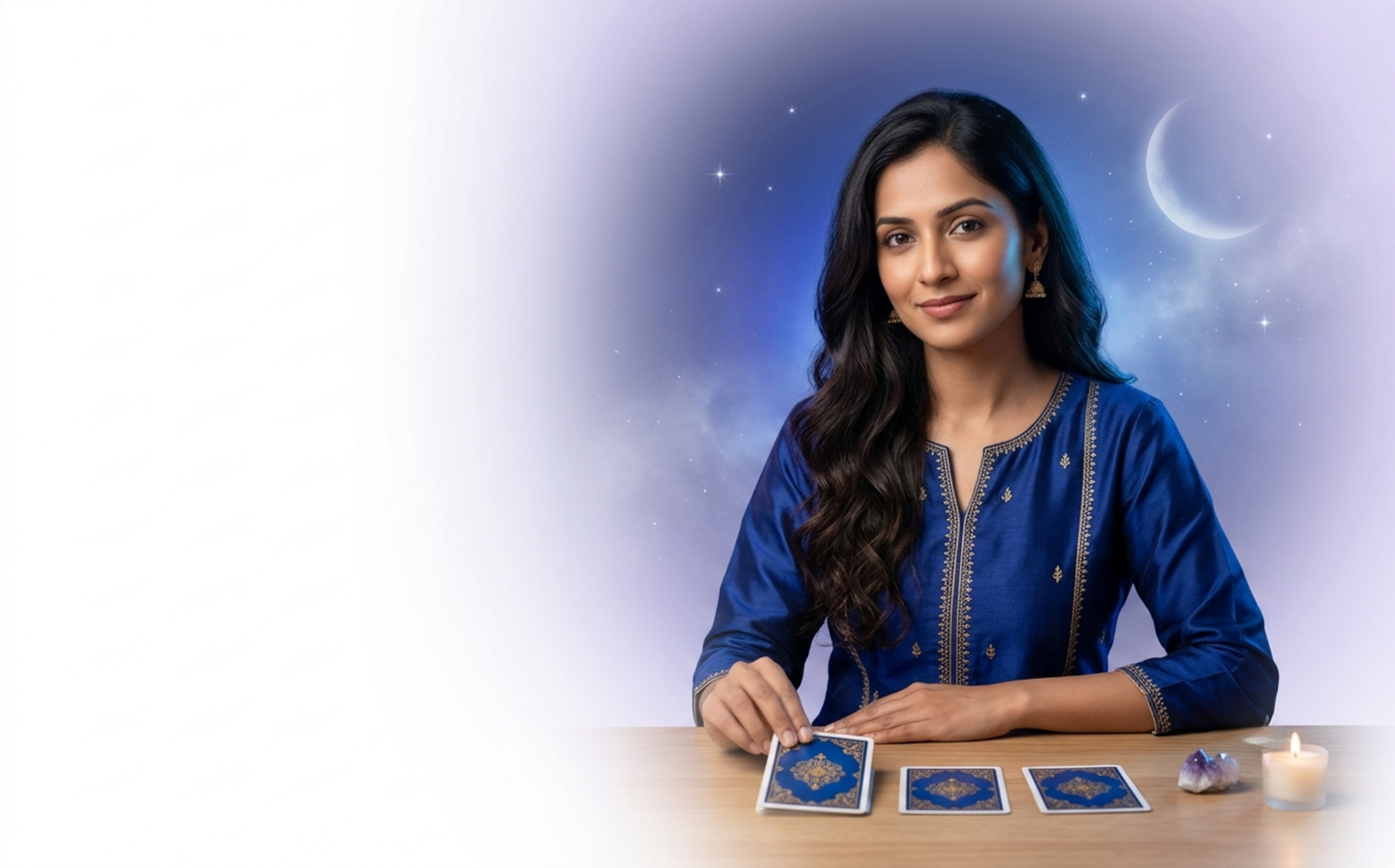 A tarot reader in a blue kurta laying out three cards under a crescent moon