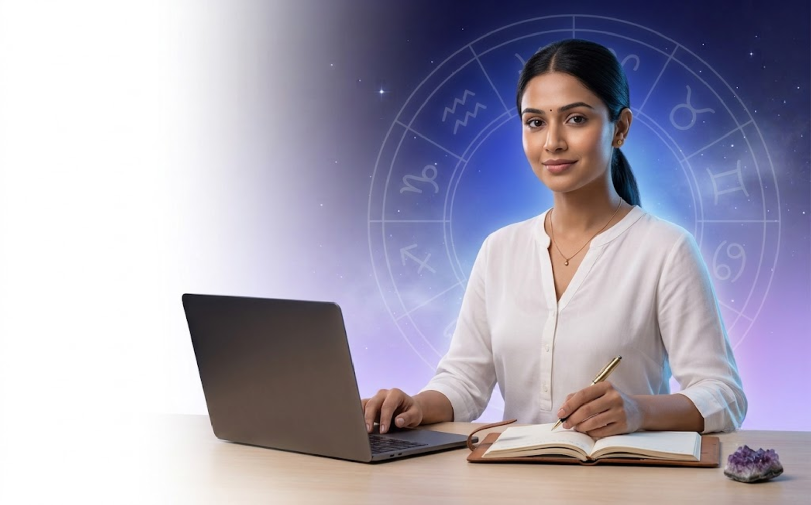 An astrologer in a white kurta working at a laptop and notebook in front of a zodiac wheel