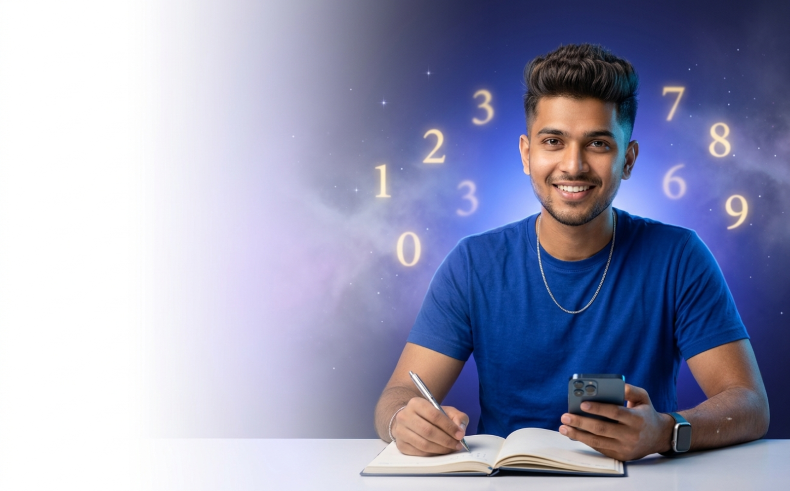 A numerologist in a blue t-shirt writing in a notebook, surrounded by glowing numbers