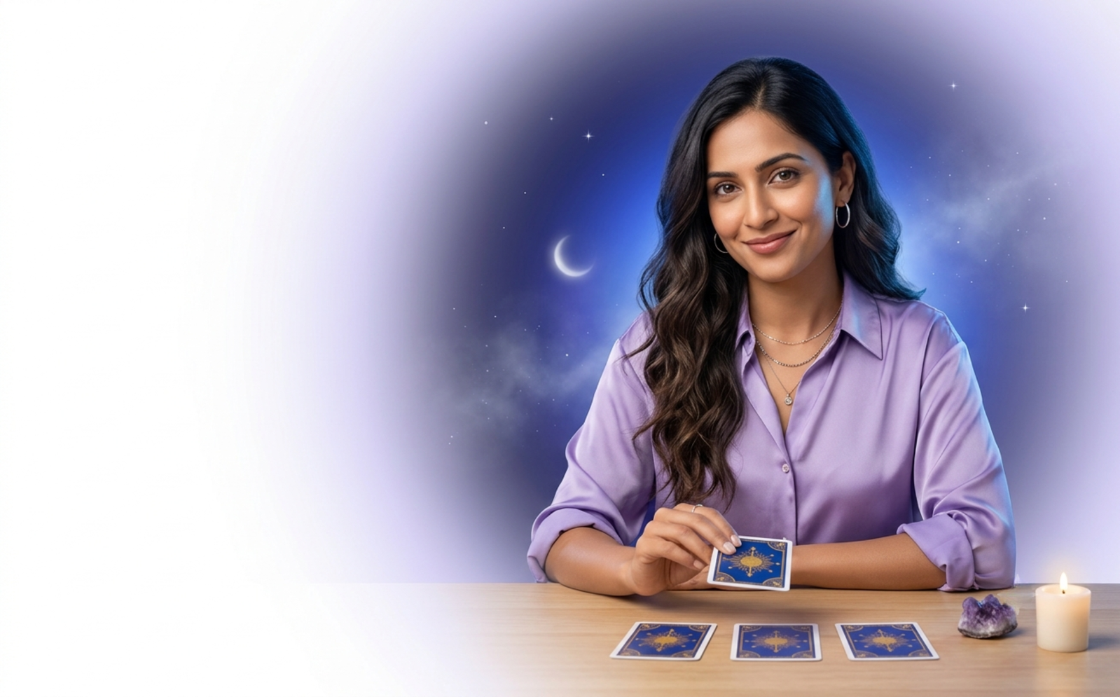 A tarot reader in a lilac shirt laying out three cards under a crescent moon