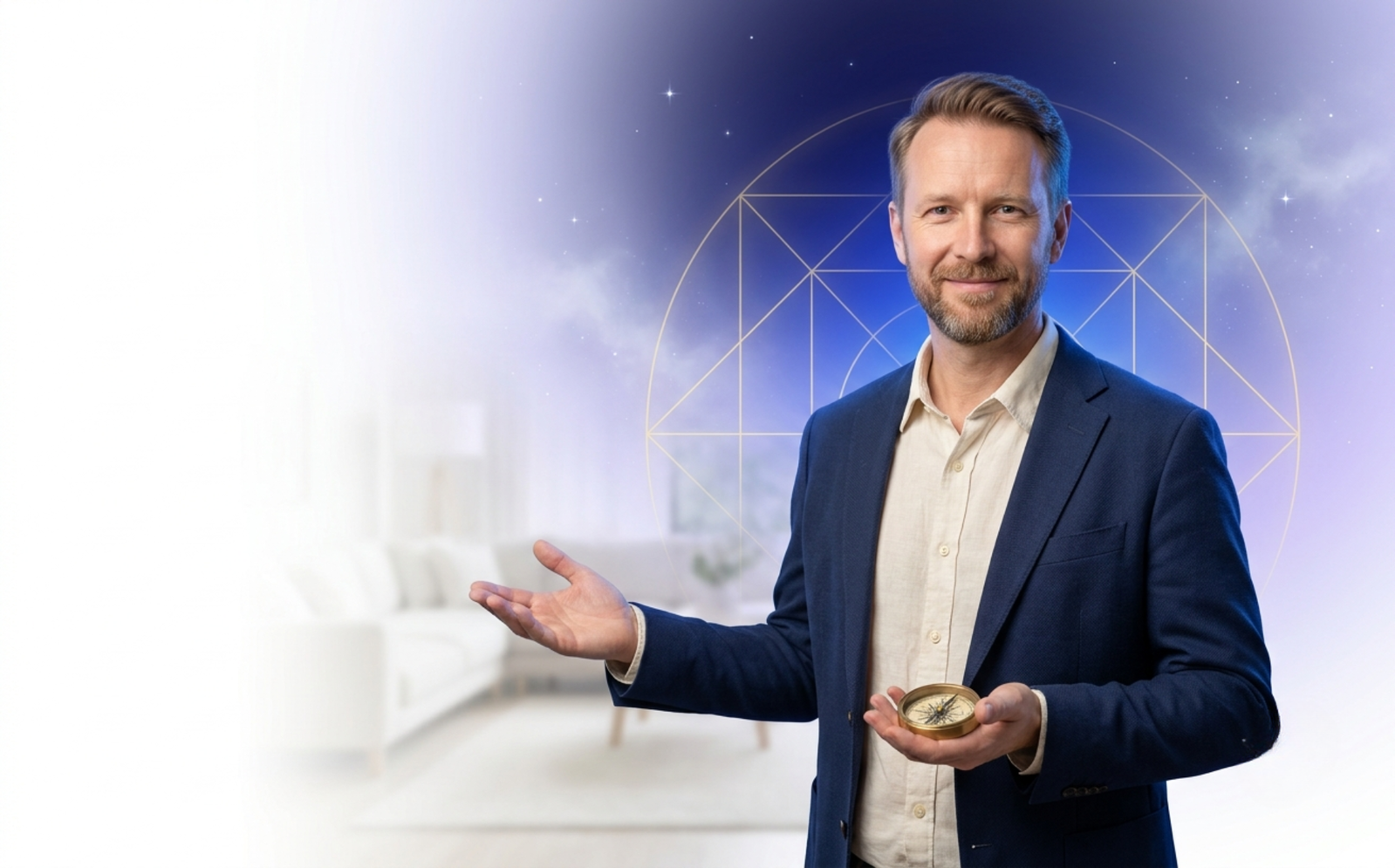 A Vastu consultant in a navy blazer holding a brass compass in a bright living room