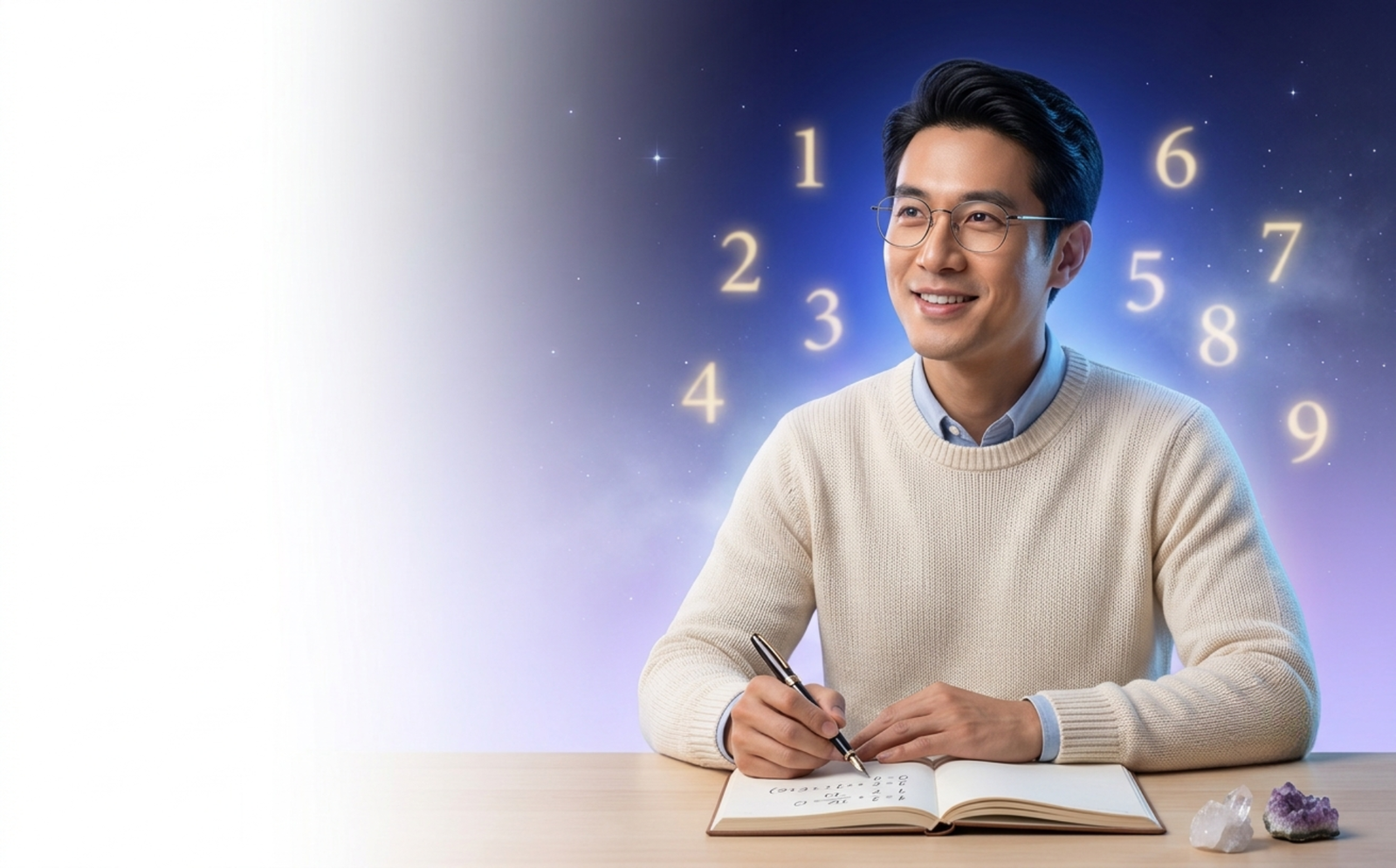 A numerologist in glasses working out numbers in a notebook