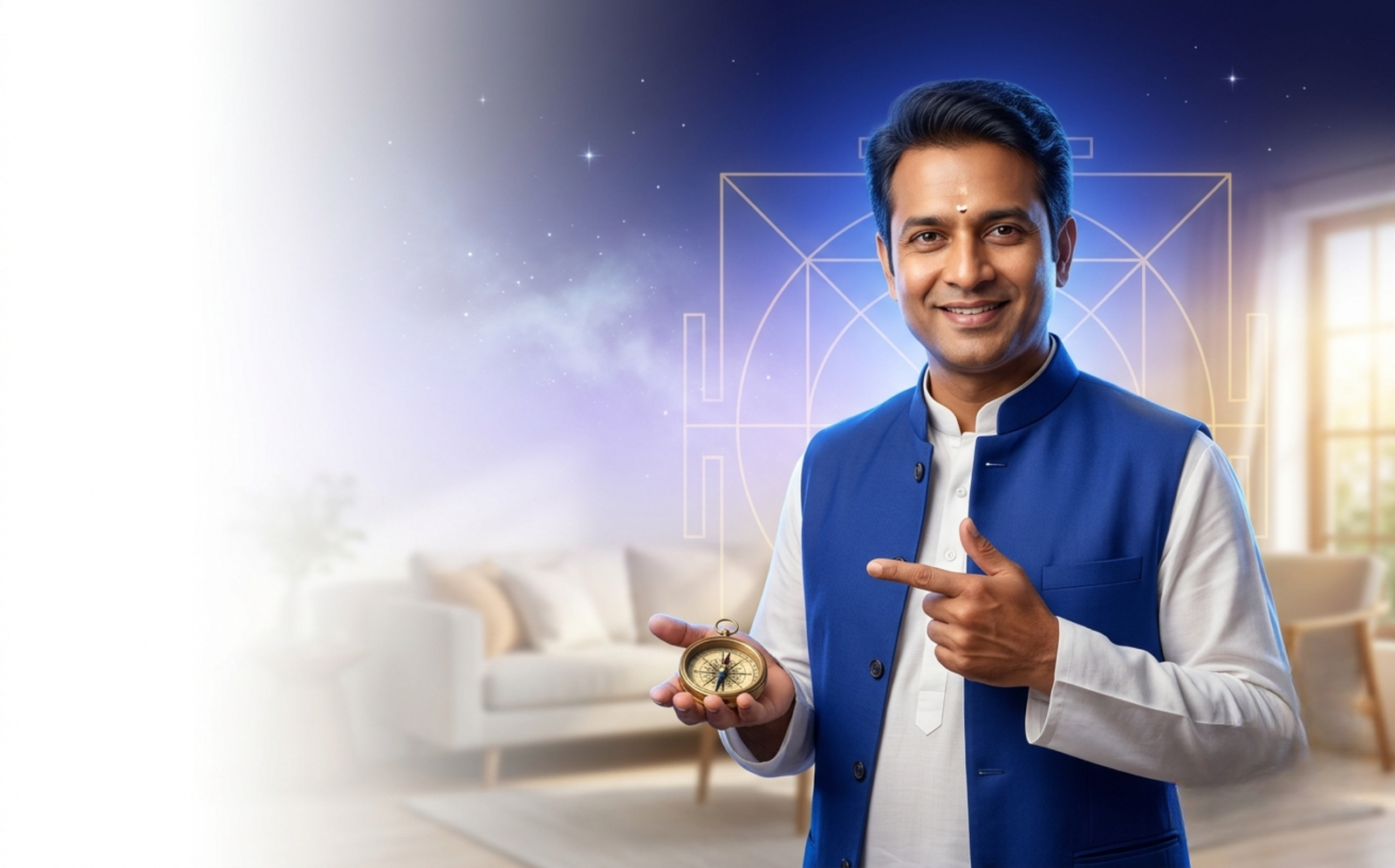 A Vastu consultant in a blue waistcoat pointing to a brass compass in front of a floor-plan diagram