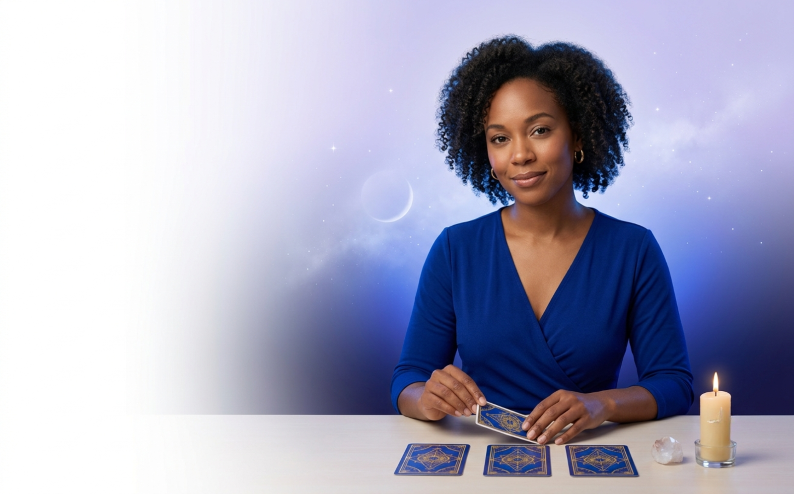 A tarot reader in a blue dress turning over a card beside a lit candle