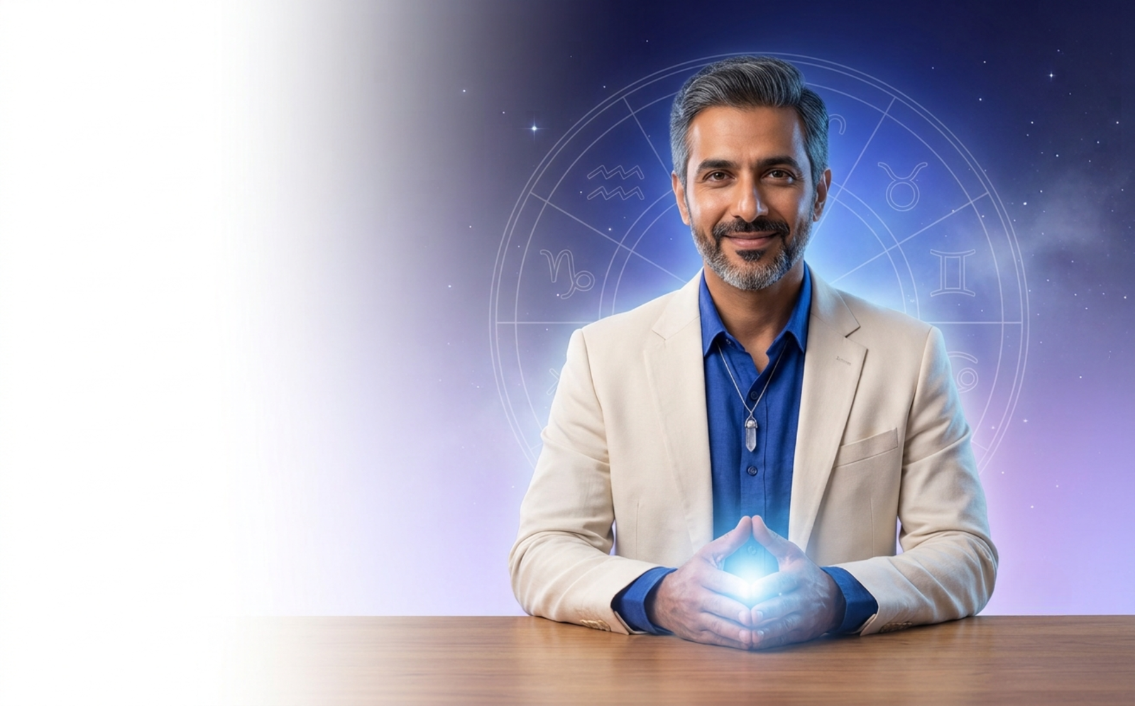 A healer in a cream blazer holding glowing energy between his hands, a zodiac wheel behind him